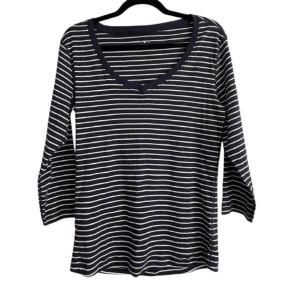 Three Dots V-Neck 3/4 Sleeve Navy Stripe Top – Size L – NWT - Picture 1 of 5